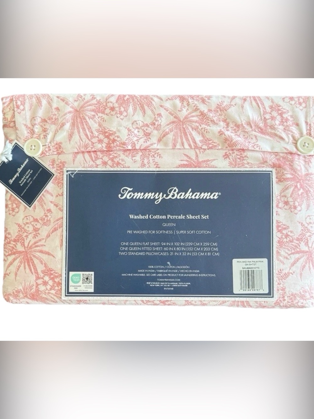 Tommy Bahama Pen And Ink Palm Pink  Toile QUEEN 100% Cotton 4 pc Sheet Set New